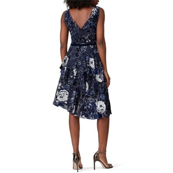 Marchesa Navy Blue Floral Velvet Textured Tiered Cocktail Midi Dress | Size 4 - Picture 2 of 13